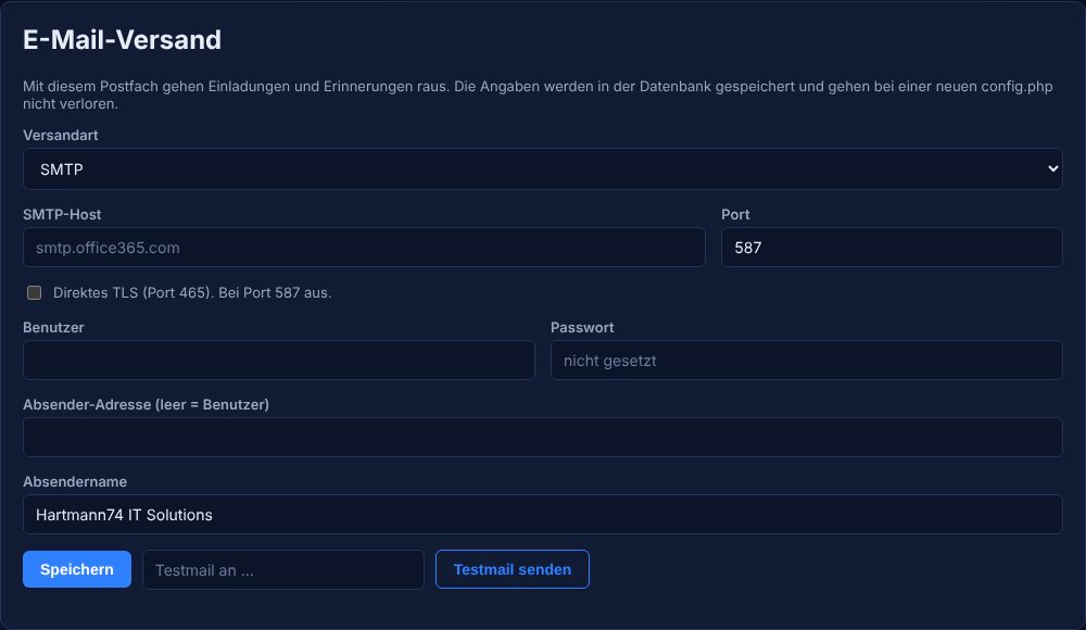 Admin → Einstellungen → E-Mail-Versand.