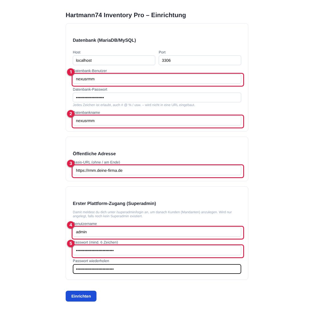 Der Web-Installer. Die roten Nummern gehören zur Liste darunter.