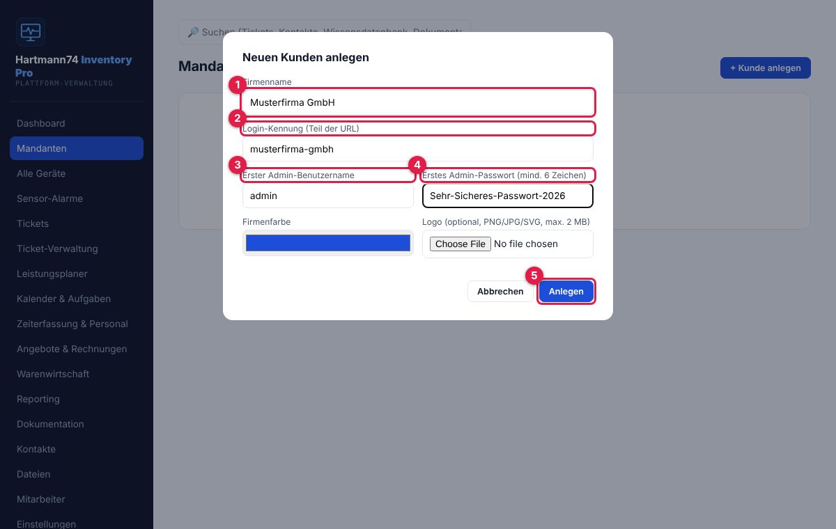 Dialog „Neuen Kunden anlegen“.