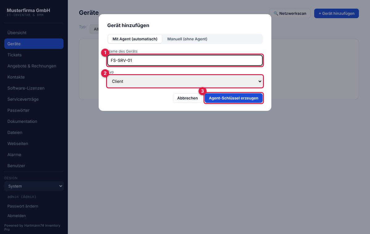 Dialog „Gerät hinzufügen“, Reiter „Mit Agent“.
