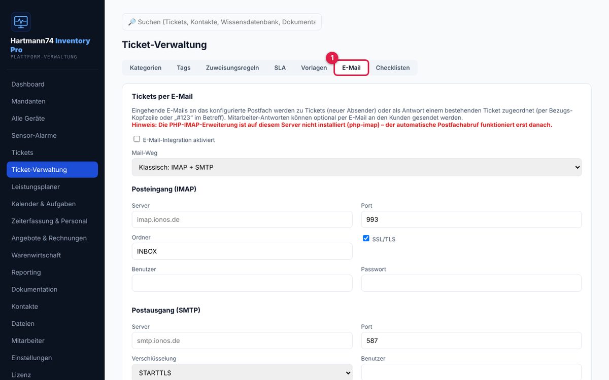 Ticket-Verwaltung → Reiter „E-Mail“.