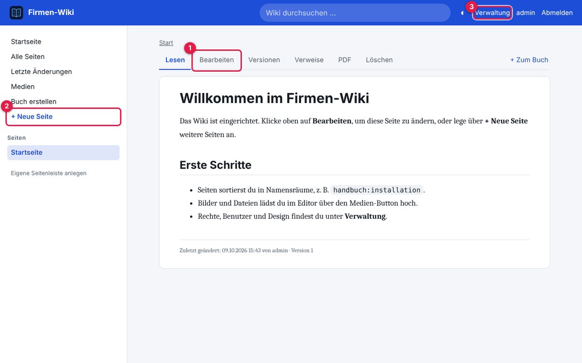 Die Startseite mit den Reitern oberhalb des Textes.