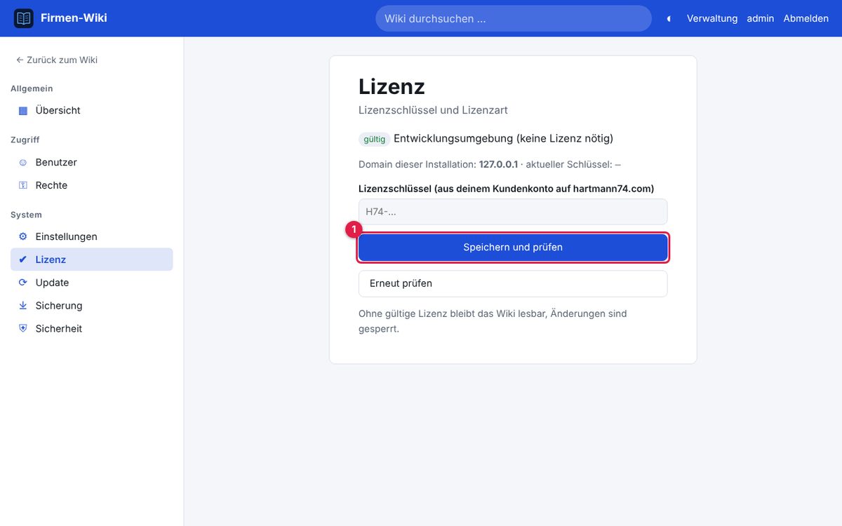 Verwaltung → Lizenz.