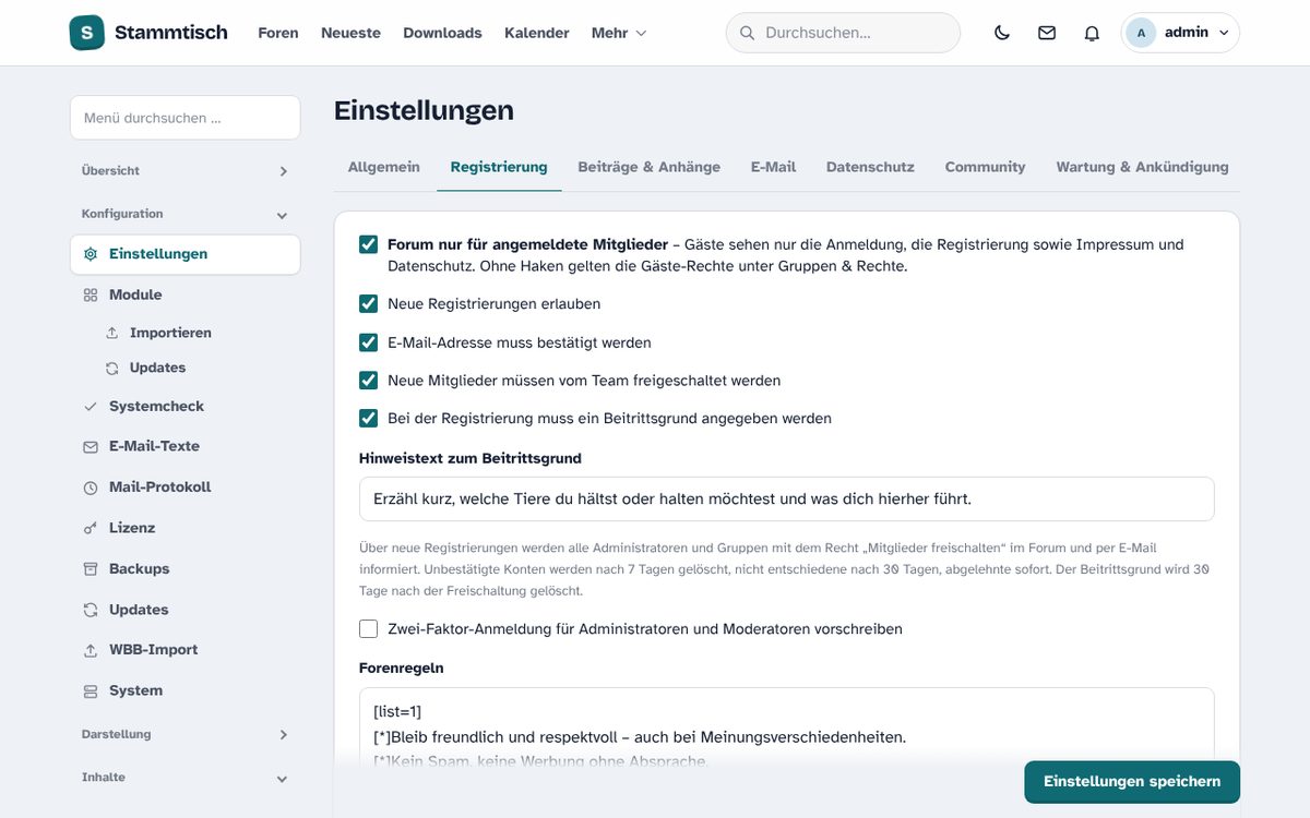 Einstellungen, Reiter „Registrierung“.