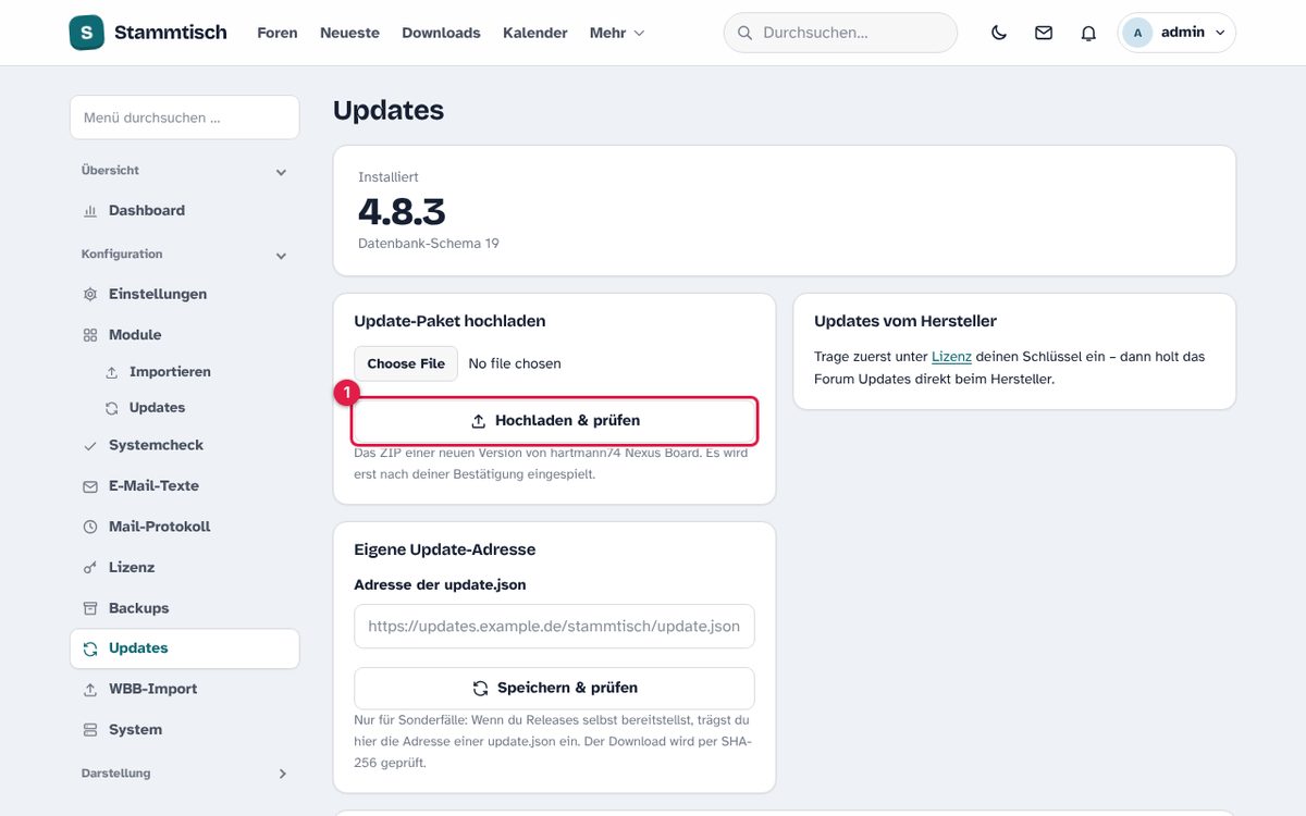 Administration → Updates.